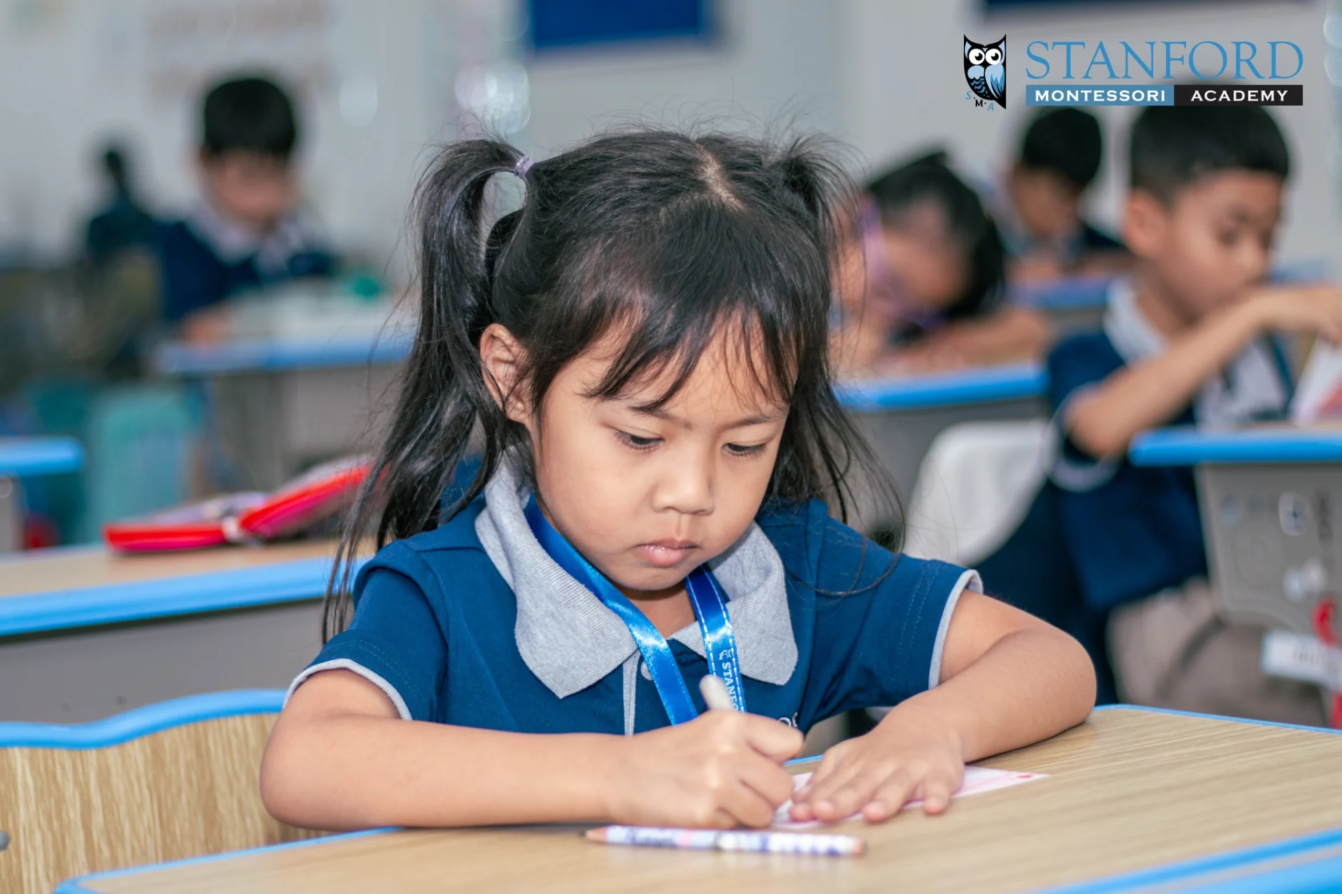 Students at Stanford Montessori Academy writing appreciation postcards for International Women’s Day in their classroom.