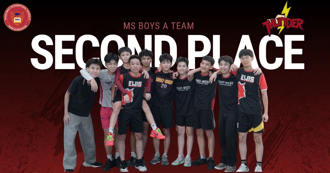 East-West International School Cambodia middle school boys volleyball team celebrating second place in a championship tournament