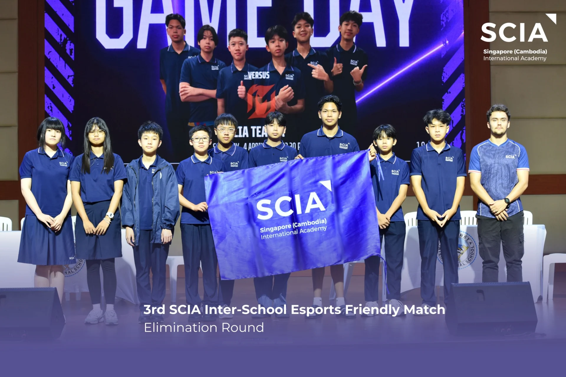 Students participating in SCIA Inter-School Esports Cambodia competition at Singapore Cambodia International Academy with teams on stage and group photos