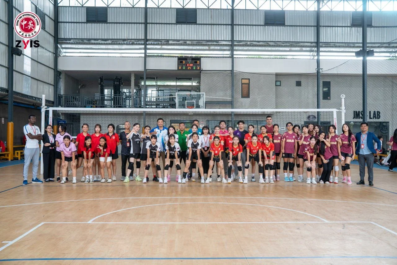 Students participating in Zhong Ying International School Volleyball 2026 competition in Phnom Penh indoor court